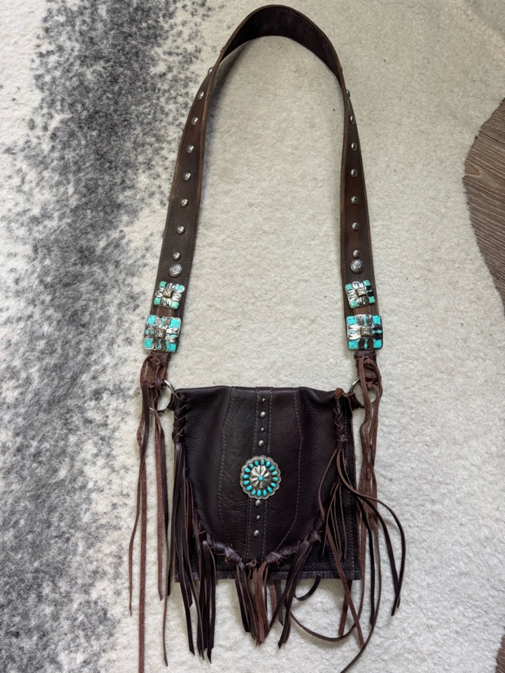 Whiskey Lee Brown Leather Fringe Crossbody Bag with Turquoise Conchos